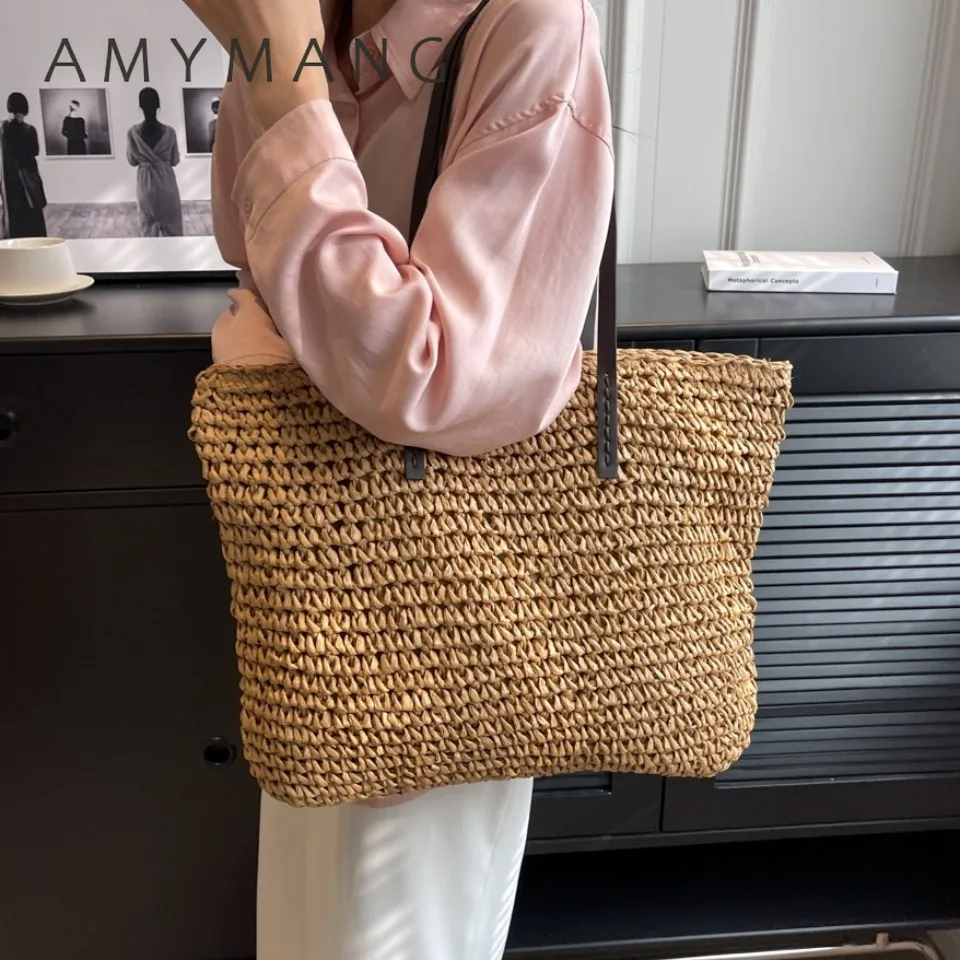 

Large Capacity Straw Tote Bag with Pu Leather Handles Straw Woven Summer Beach Bags for Women Large Capacity Shoulder Bag
