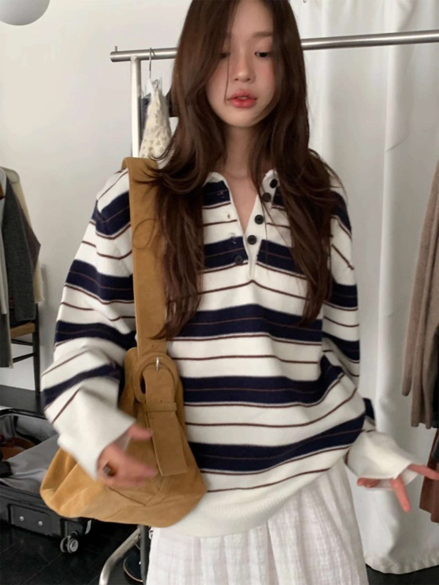 

Шикарный осенний трикотаж в полоску, свободный длинный све, женский модный дышащий удобный повседневный трикотаж из полиэфирного волокна