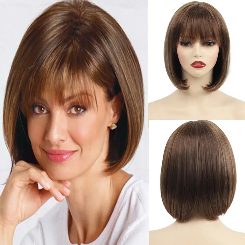 Japanese Hair Women's Synthetic Brown Bob Wigs with Bangs Fashion Soft Heat Resistant Silk Straight Daily Cosplay Party Wigs