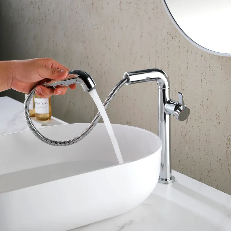 Height counter basin faucet hot and cold water pumping type rotatable bathroom washing table household retractable shampoo