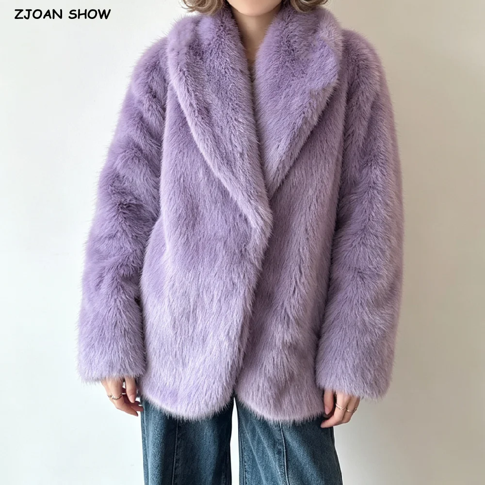 Winter Women Shawl Lapel Collar Purple Hairy Faux Fur Coat Long Sleeve Warm Shaggy Jacket Loose Coat No Button Outerwear