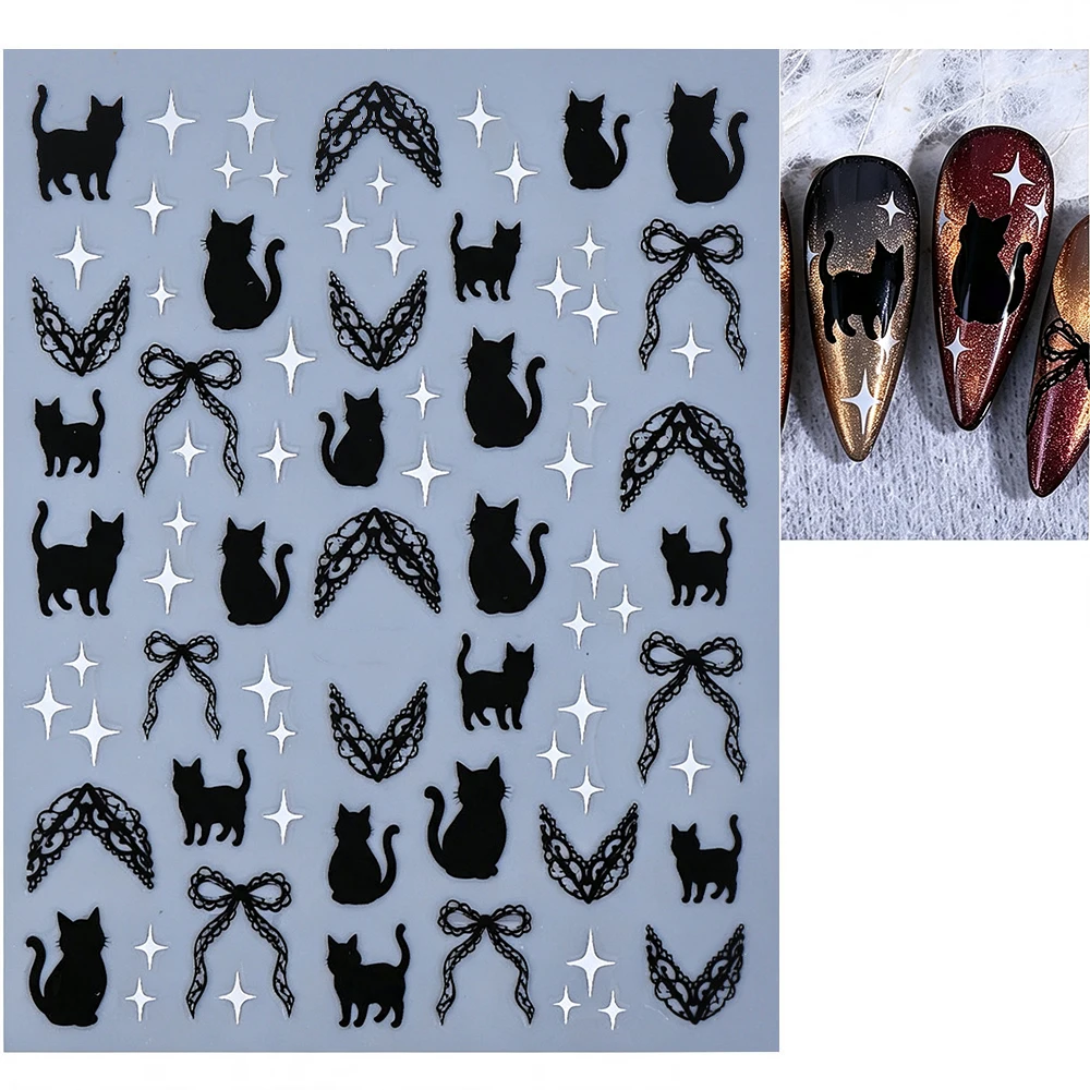 1pcs Halloween Black Transparent Bat Wing Nail Stickers Red Bat French Style Black Cat Nail Decals Lace Starlight Manicure Decal