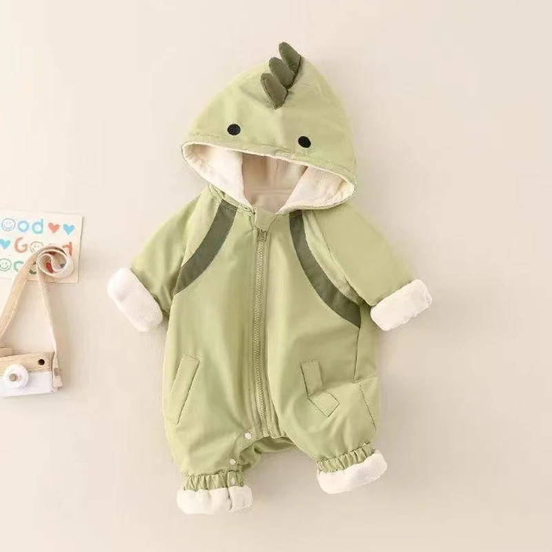 IYEAL Baby Spring  Autumn Double Layered Jumpsuit Cute Dinosaur Warm Outdoor Jacket Boys Hooded Jumpsuit Baby Windproof Jacket
