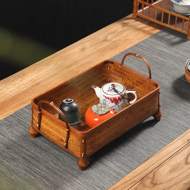 Retro Chinese Style Bamboo Woven Storage Basket Rectangular Lacquer Finish Fruit Organizer Box with Handle for Home Kitchen