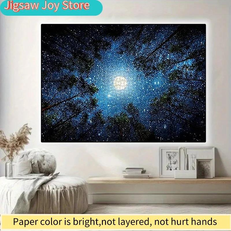 

A Paper Puzzle Featuring a Romantic Scene Surrounded by Trees Under a Tranquil Moonlit Starry Sky. Made from High-Quality Whi
