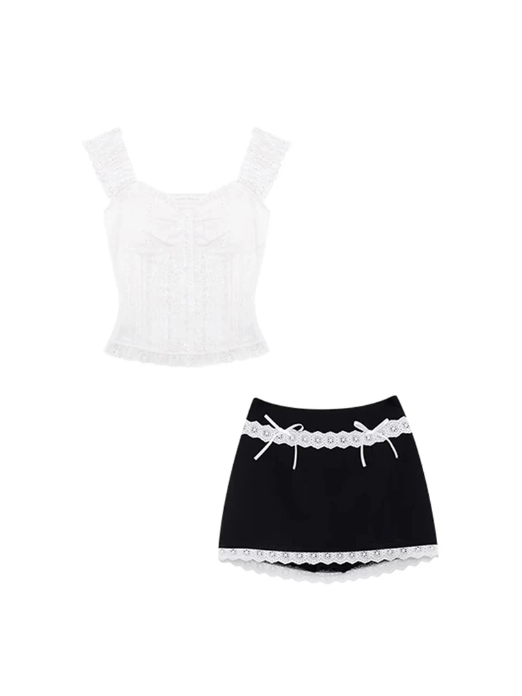 

Pure Desire One Shoulder Lace Splice White Top High Waist Slimming Half Body Short Skirt Two Piece Set Women's Fashion Summer