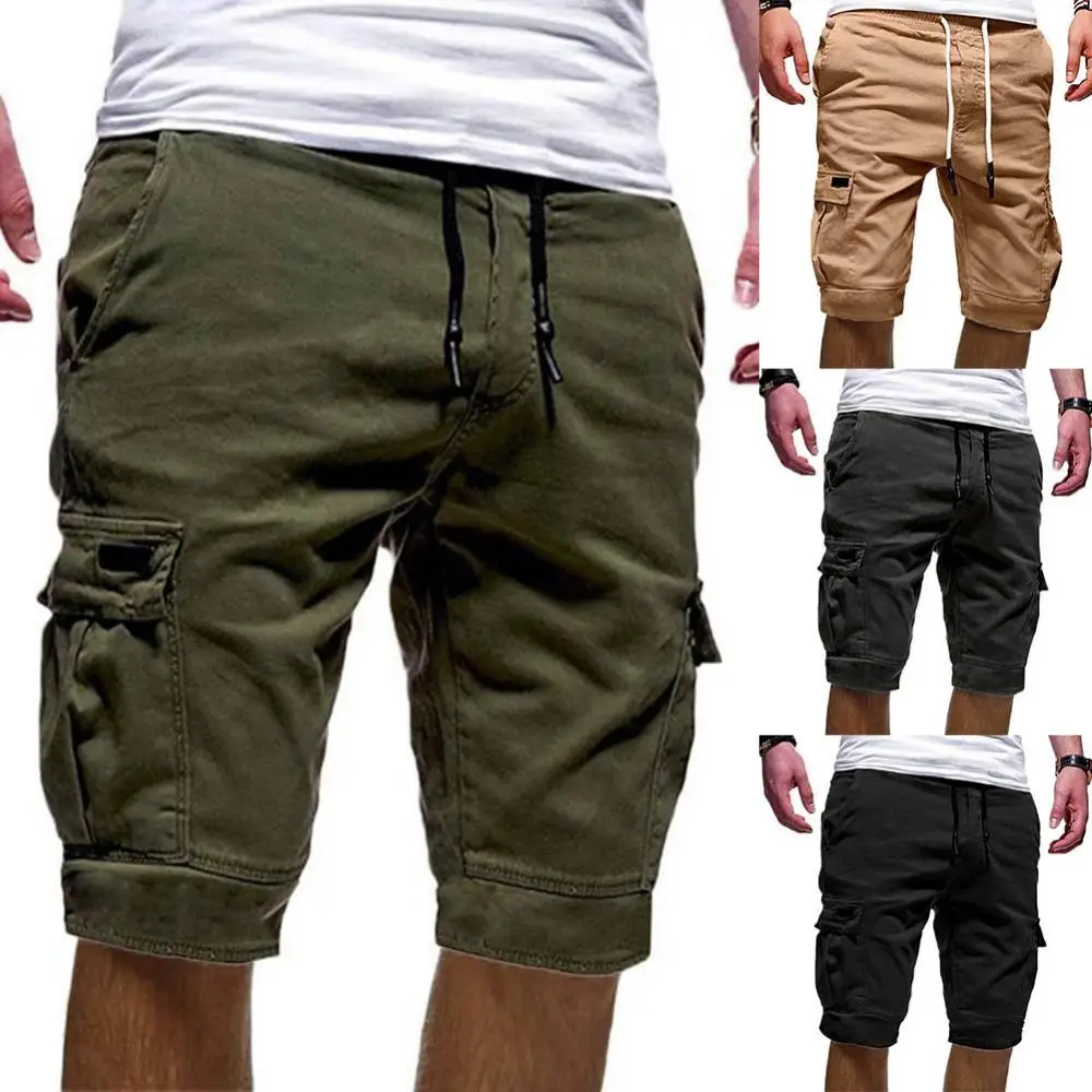 Calções de cordão multi-bolsos masculinos, calça casual, confortável, cor sólida, venda quente, verão