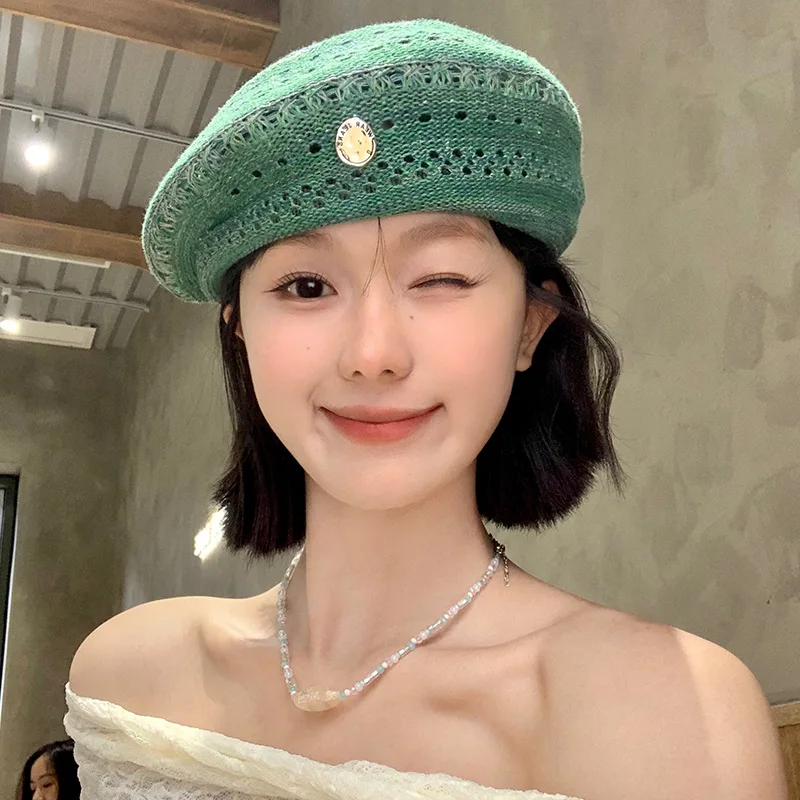 Vintage hollow mint green beret women's summer thin breathable face small bud hat big head circumference painter hat
