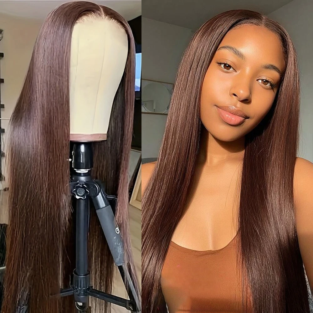 

220% Density Chocolate Brown 40 Inch Bone Straight Lace Front Human Hair Wig Glueless Wigs 13x6 Transparent HD Lace Frontal Wigs