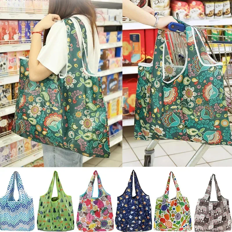 Bolsos de mano con estampado de flores para mujer, bolsa de compras plegable para exteriores, organizador de almacenamiento reutilizable, bolso de supermercado