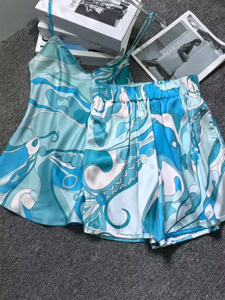 Conjunto de Dos Piezas para Mujer, Camisola sin Mangas con Estampado de Mármol Líquido y Pantalones Cortos Holgados de Cintura Alta, para Vacaciones en la Playa