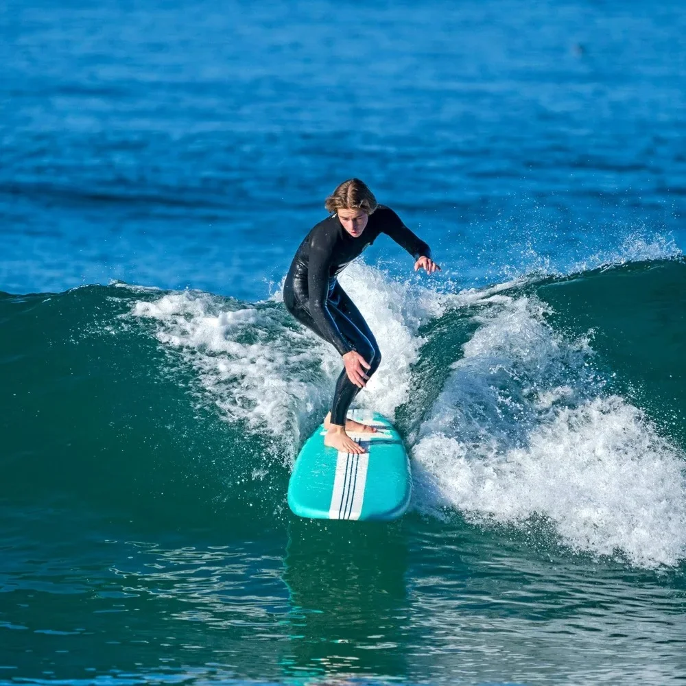 Soft-top foam surfboard for beginners and all levels, including accessories, leashes and multiple fins