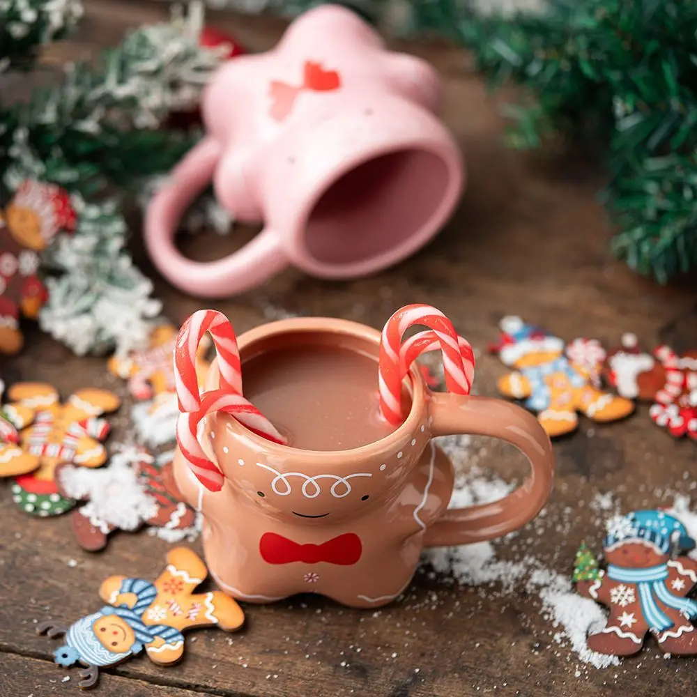Cute Gingerbread Man & Teddy Bear Shaped Ceramic Mug Set - Creative Couple Tea Cups Breakfast Milk Glasses Christmas Gift