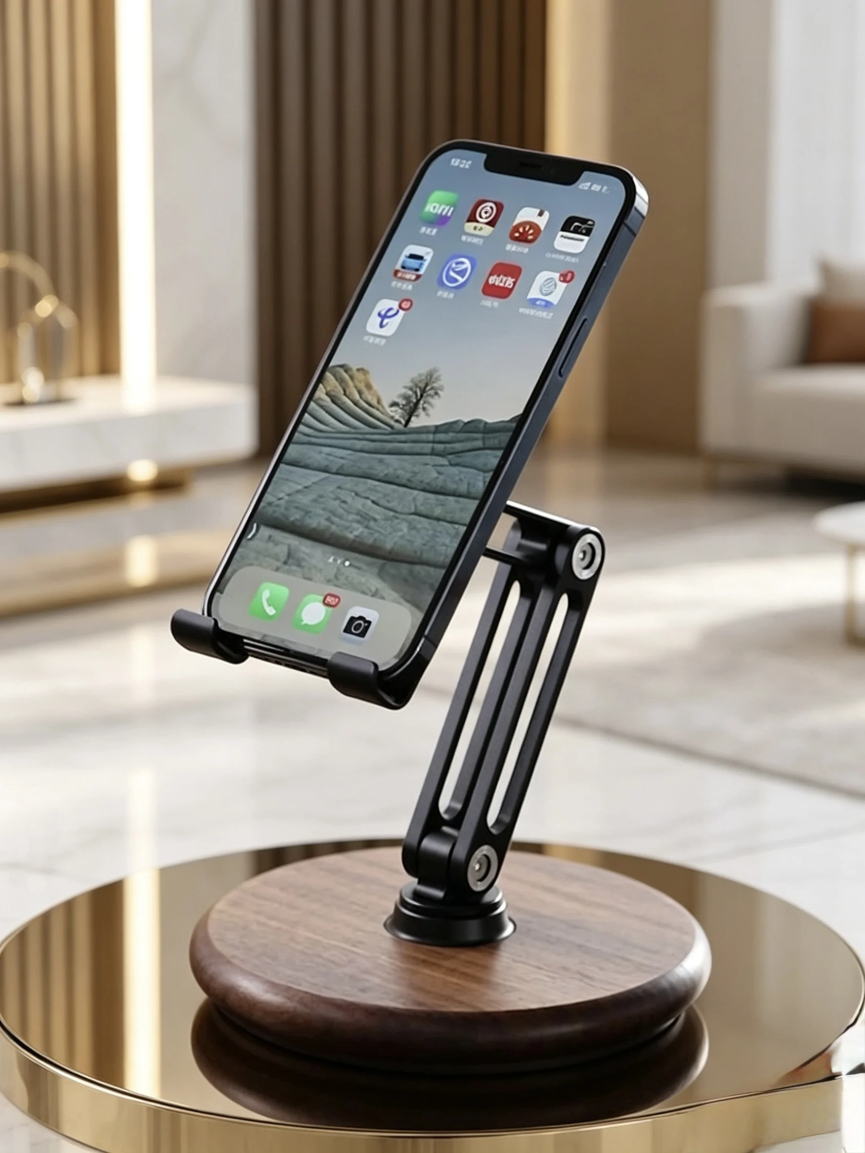 Solid wood high-end lazy mobile phone tablet bracket folding lift 360 rotating drama watching artefact desktop live broadcast br