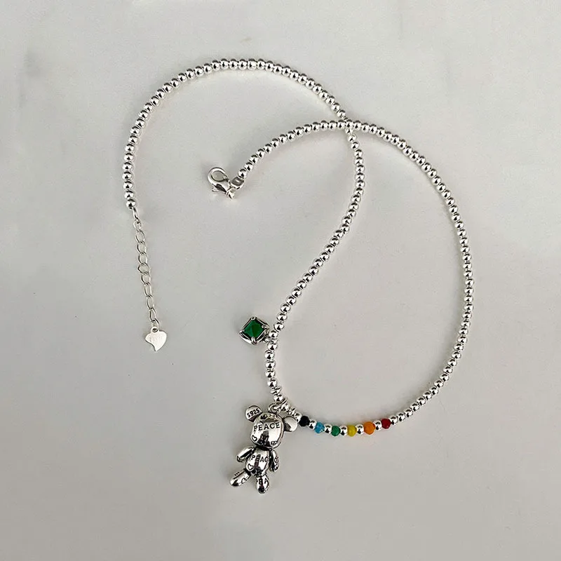 925 Silver Plated Colorful Round Bead Cute Animals Bear Charm Pendent Necklace For Women Jewelry Accessories sl208