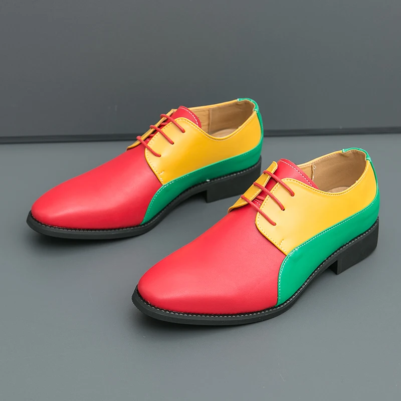 

Весенние цветные туфли-оксфорды, мужские вечерние повседневные туфли с цветными блоками для взрослых, легкие высококачественные лоферы с острым свадебным галстуком