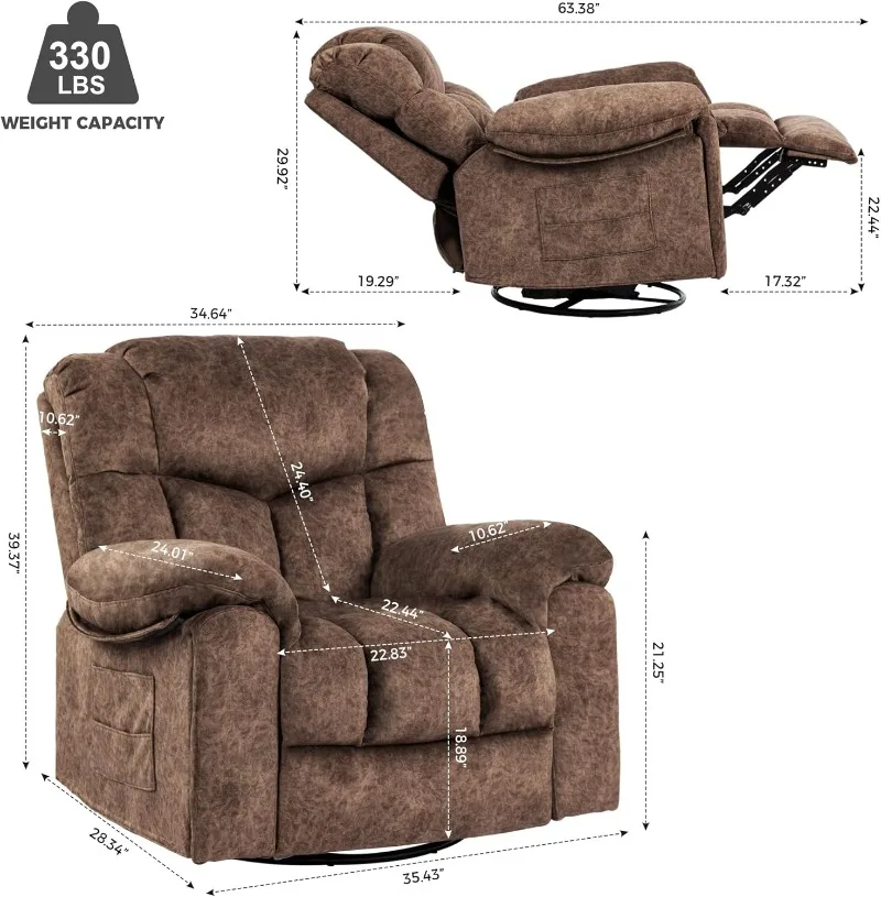 Recliner Chair Massage Rocker Swivel Heated with Hideable Cup Holders, 360°Swivel Vibrating Massage Fabric 22.8in Wide Recliner