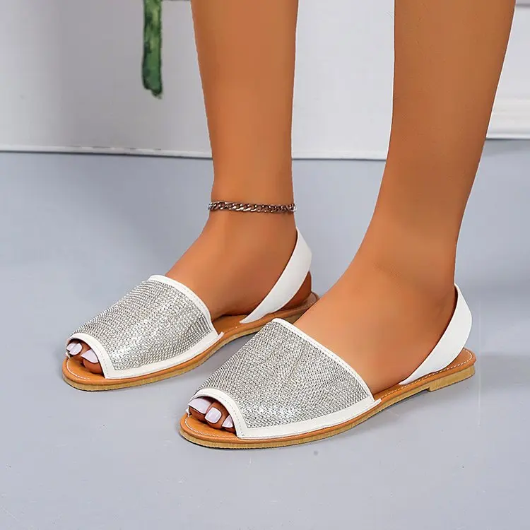 2022 sandali da donna superficie in pelle sandali retrò con strass Slip on Casual Open Toe cucito scarpe da spiaggia piatte da donna