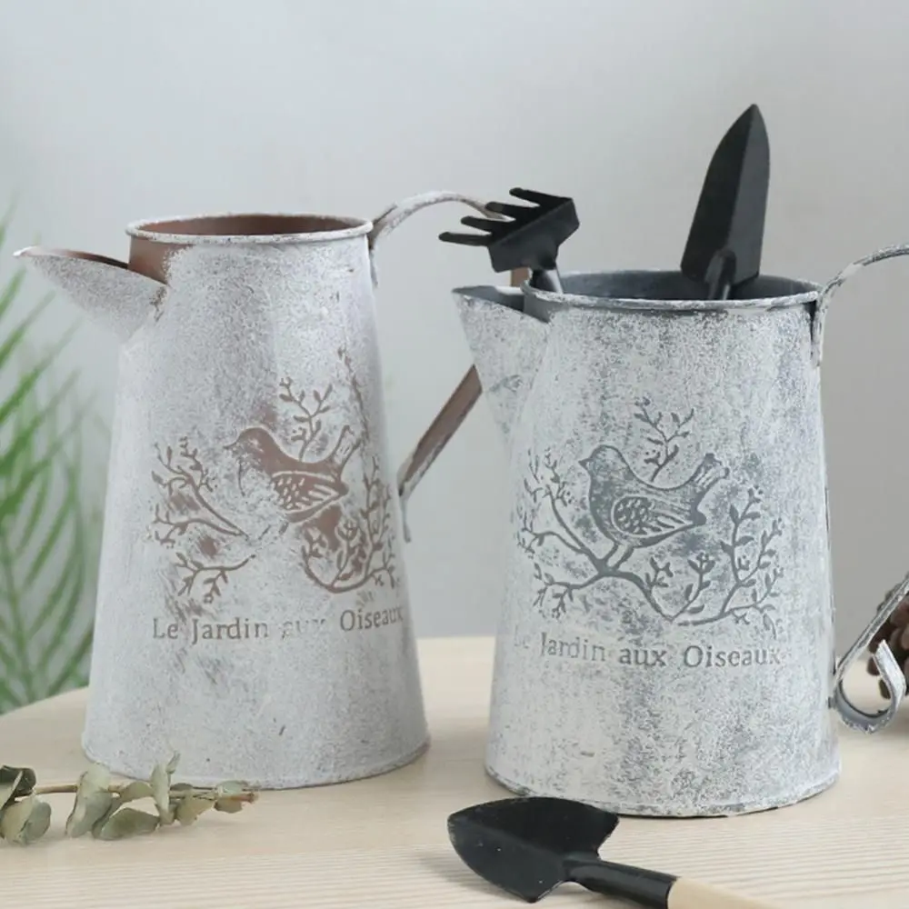 Container Birds Iron Art Bucket Empty French Script Dried Flower Vase Pastoral Iron Art Iron