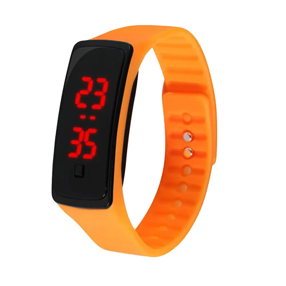 LED Digital Watch Fashion Unisex Student Silicone Band Adjustable Wristband Clear Screen Display Time Date Orange