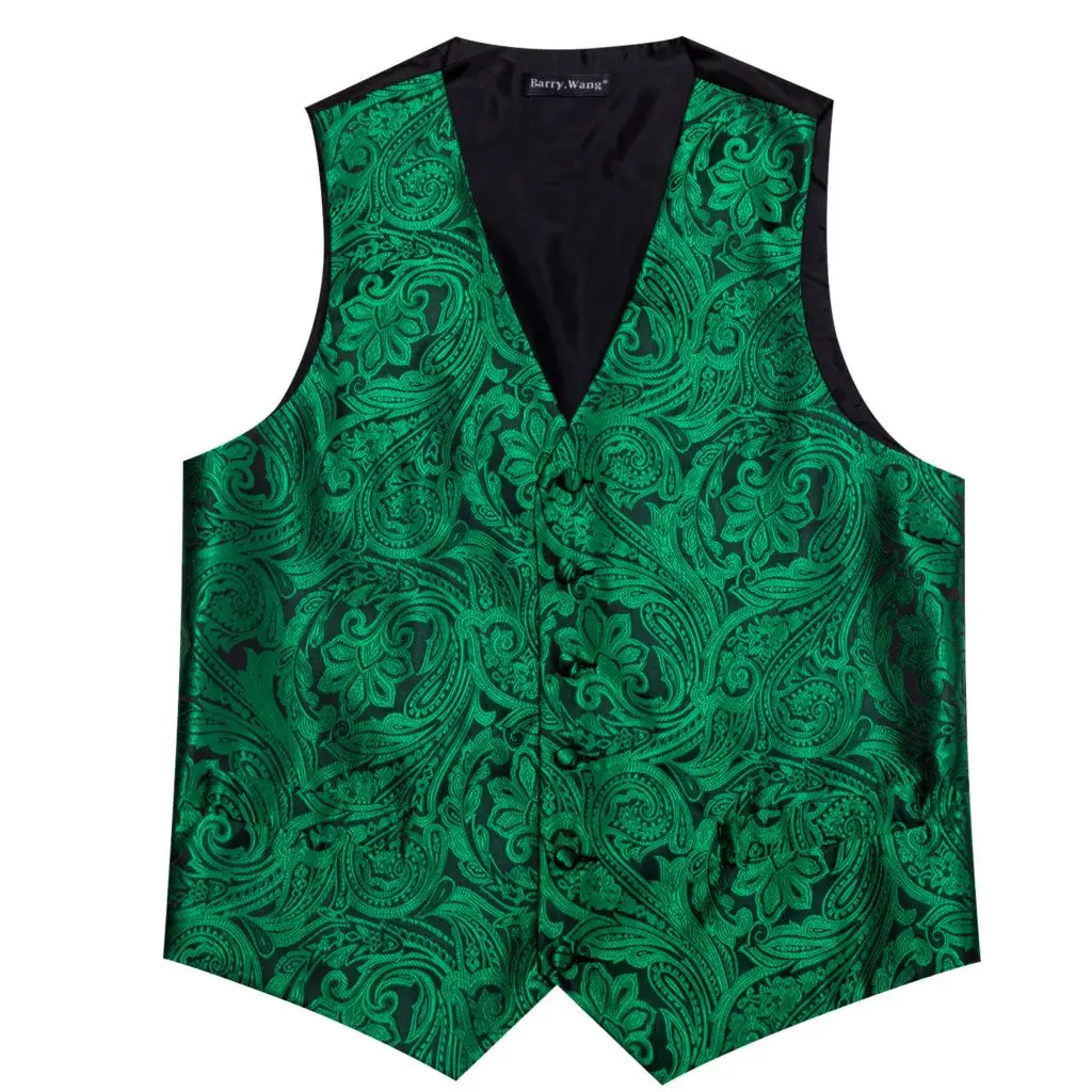 Mens Vest Tie Set Silk Waistcoat Wedding Green Black Paisley Formal Gift Party Dress Suit Sleeveless Jacket Man Barry Wang