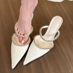 Luxury Rhinestone Designer High Heels Slippers Women Satin Pointed Tou Dress Shoes Summer New Fashion Slingback Sandals Women