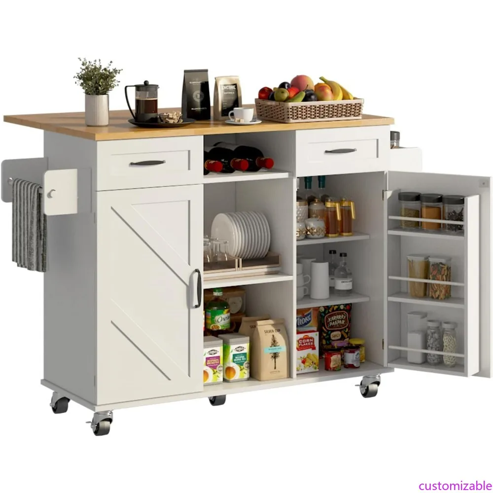 

Farmhouse Style Mobile Kitchen Island with Drop Leaf, Storage Cabinet, and Drawers on Wheels