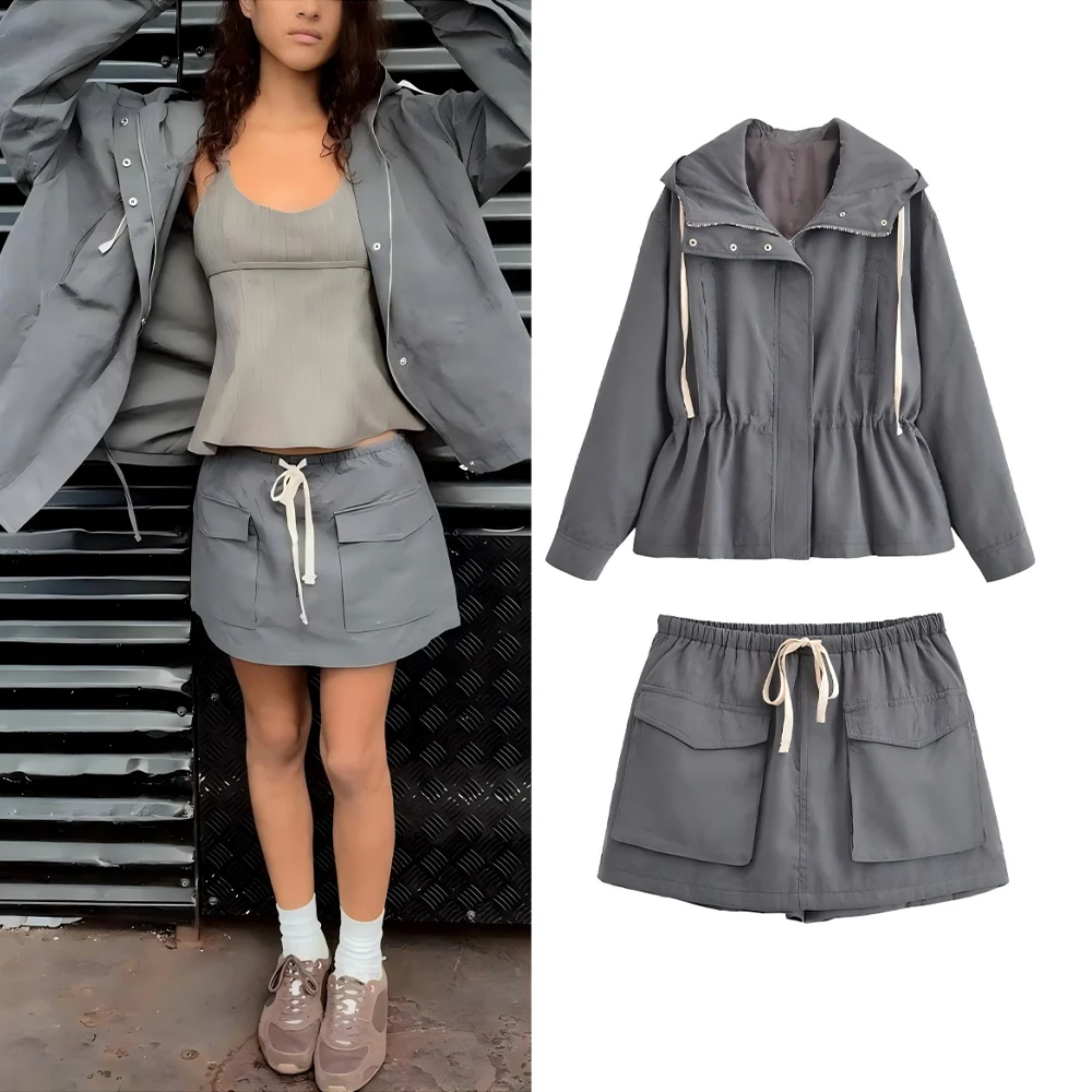 

Women's New fashion with drawstring loose hooded trench coat retro long sleeved zipper women's coat chic top+Shorts Skirts suit