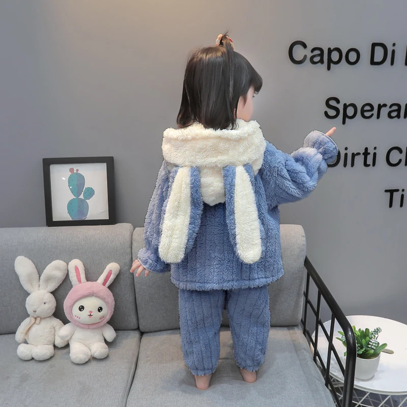 Autumn Winter Baby Girls Clothing Sets Cute Rabbit Ears Hooded Plush Coat + Pants 2Pcs Outfits Kids Pyjamas Suit 2 3 4 5 6 Years