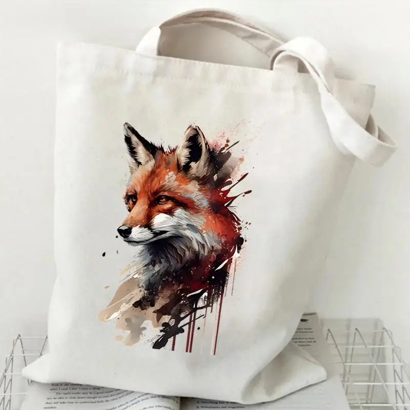 Retro Fox Tote Bag Cute Fox Handbag Canvas Bag Forestcore Tote Bag Gift Floral Animal Black Tote Bag Versatile Simple