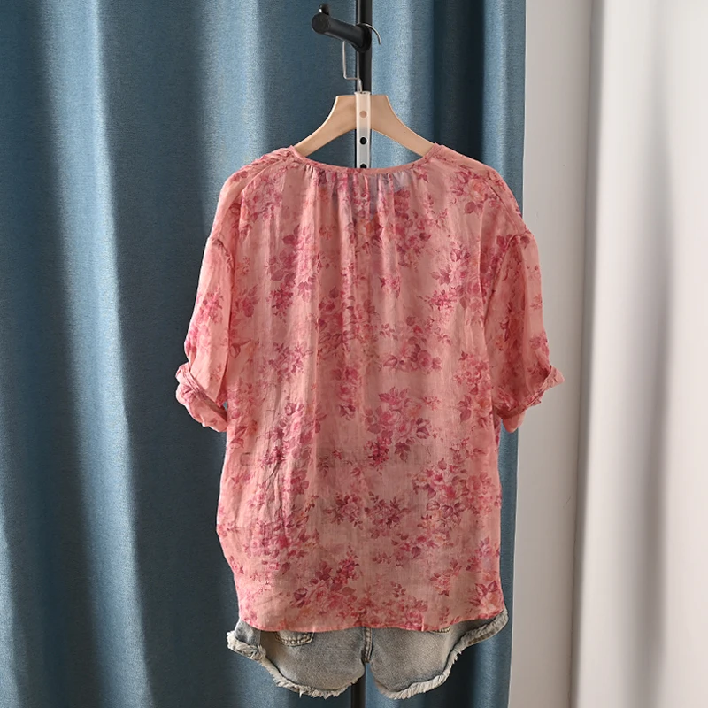 Chemise à manches mi-longues en coton et lin pour filles, col en V, chemisier rétro imprimé, décontracté, été, nouveau, 2024, T46747QC