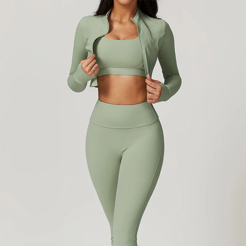 Workout Outfit Active Wear 3 Pieces Workout Clothes For Women Sports Bra High Waist Gym Leggings Long-Sleeved Fitness Sportswear