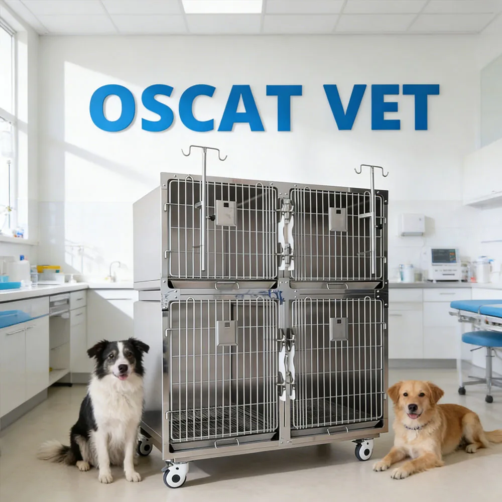 OSCAT Veterinary Equipment Vet Cages 4-Door Wet Dog Cage 304 Stainless Steel Pet Cages With Removable Divider For Dogs Clinics