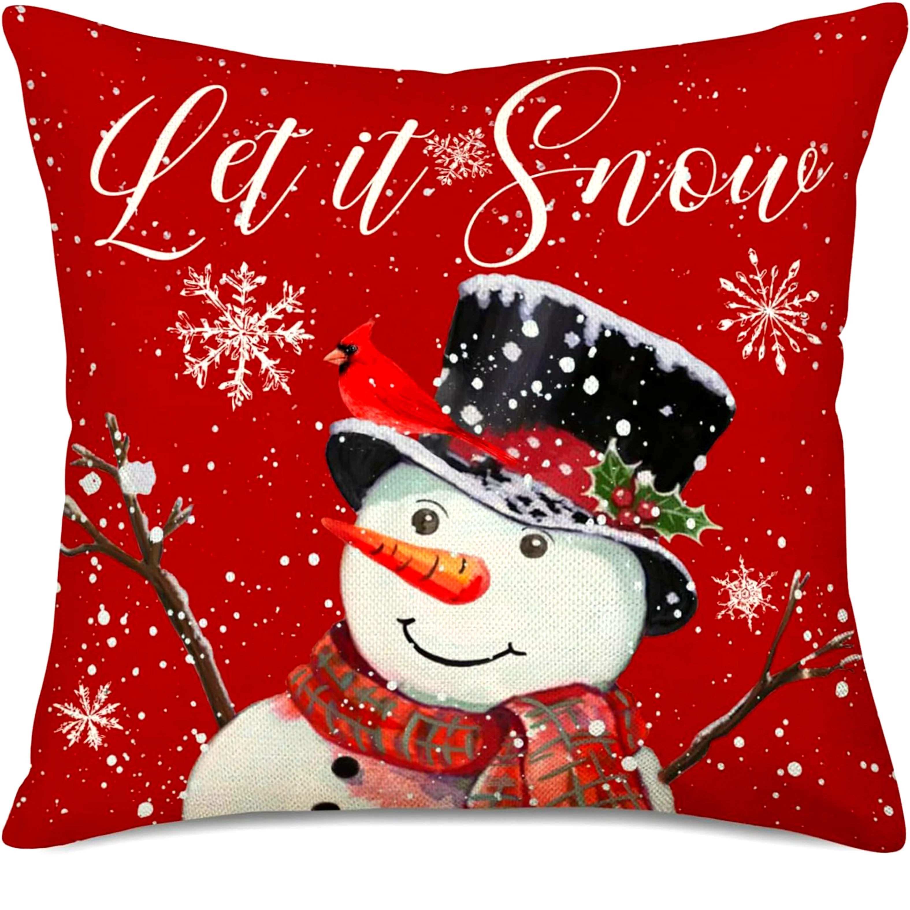 1pc Festive Red Linen Christmas Pillowcase With Cheerful Snowman & Cardinal Design 