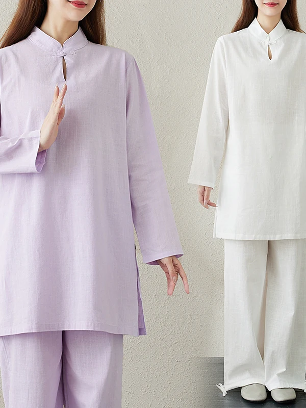 ชุดเซ็ตสองชิ้นผ้าฝ้ายลินินแท้ สไตล์เซน สีขาว เสื้อผ้าเซนสำหรับผู้หญิง สไตล์นางฟ้า บรรยากาศเซน สำหรับการเรียนหรือทำสมาธิแบบพุทธ