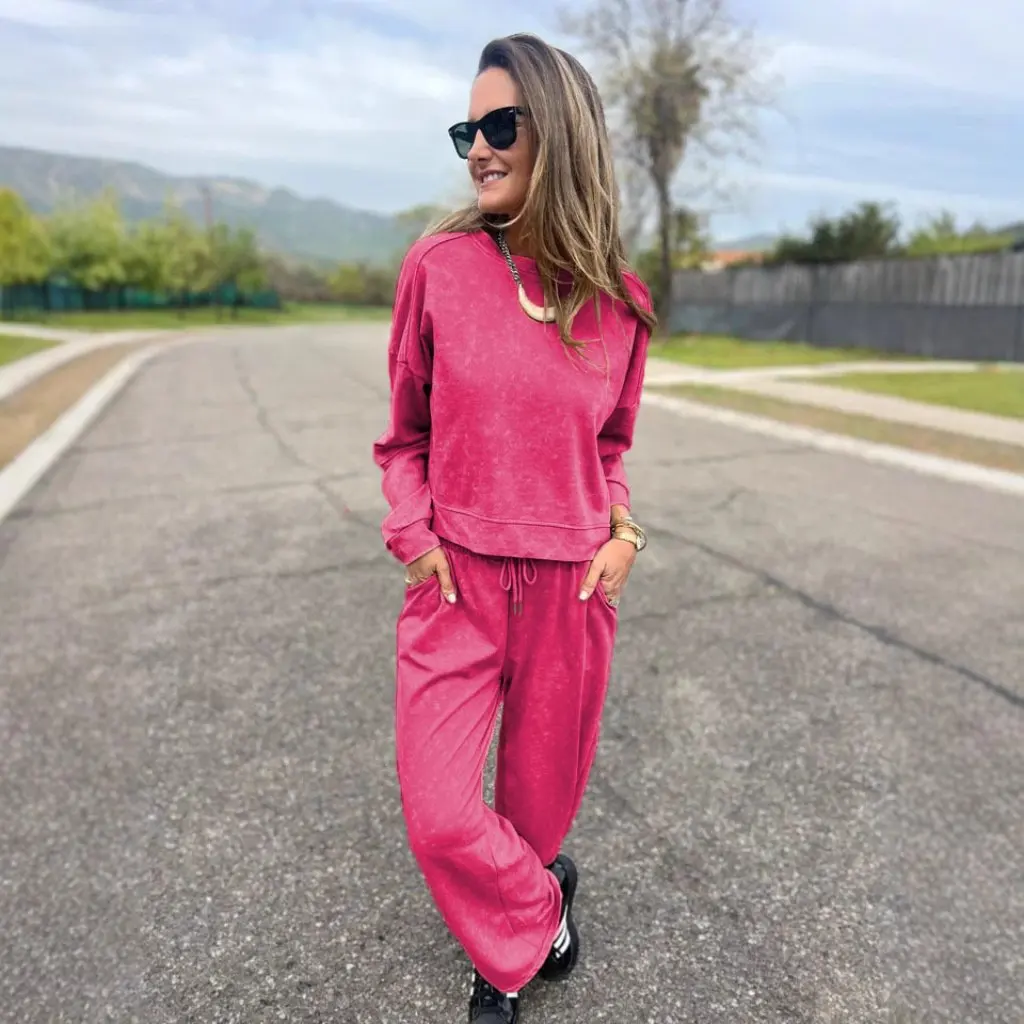 

New Independent Station European And American Fashion Women's Long Sleeve Hoodie Pure Color Casual Set