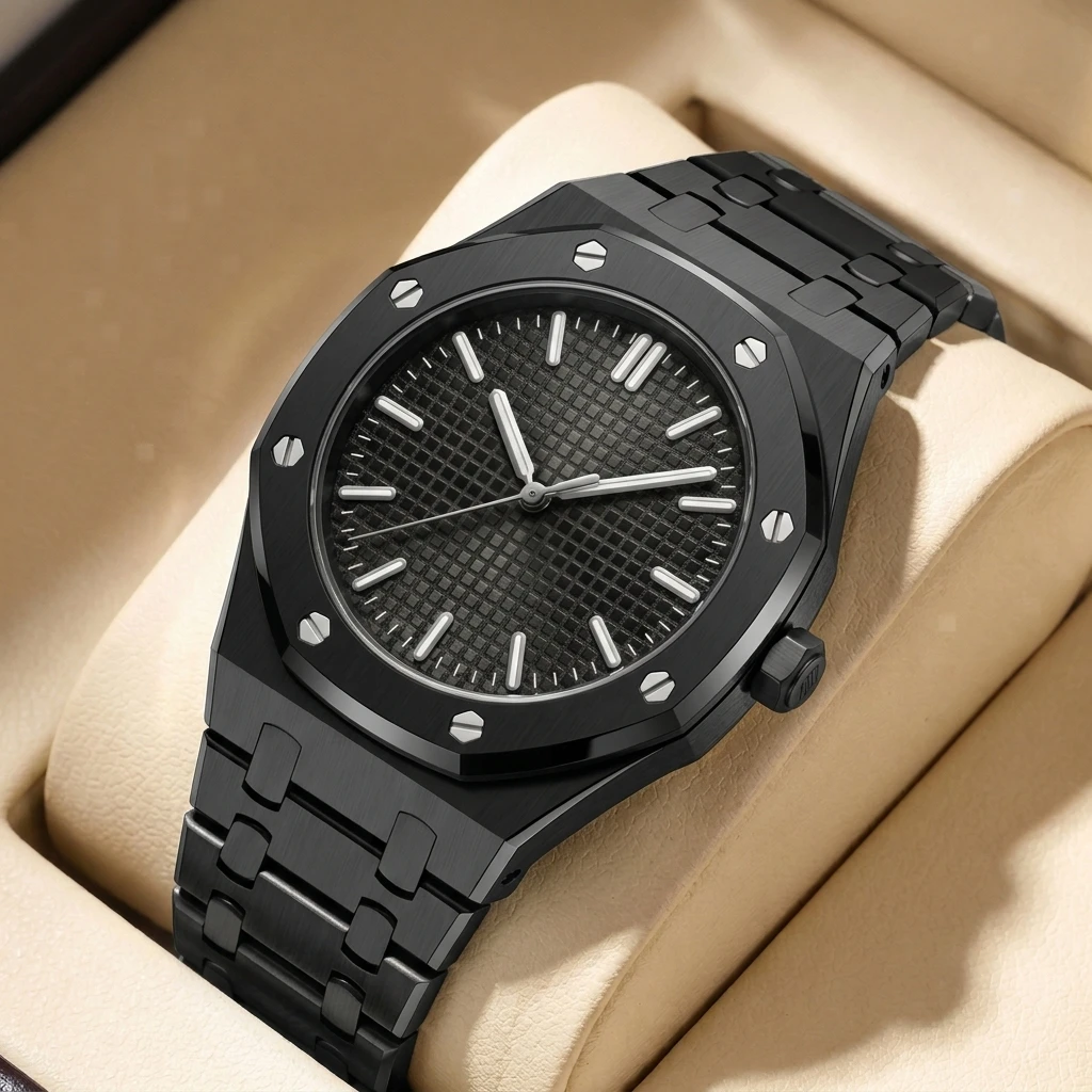 Reloj con esfera de malla octogonal simple y elegante, correa de acero negra, accesorio moderno unisex, 1 ud.