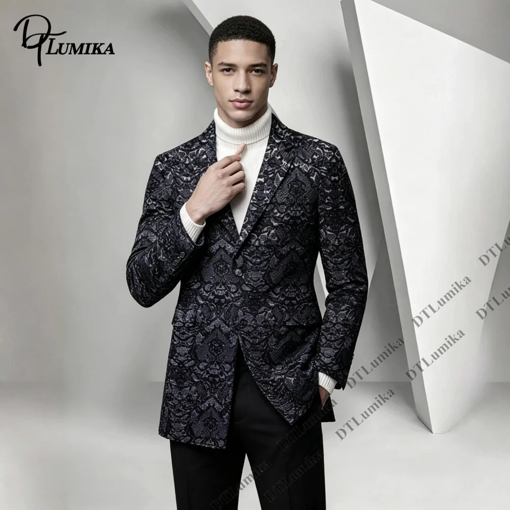 Custom‑Fit Men Patterned Overcoat Style Suit 2‑Piece Blazer Trousers Set Modern Outfit for Evening Gathering Urban Social Events