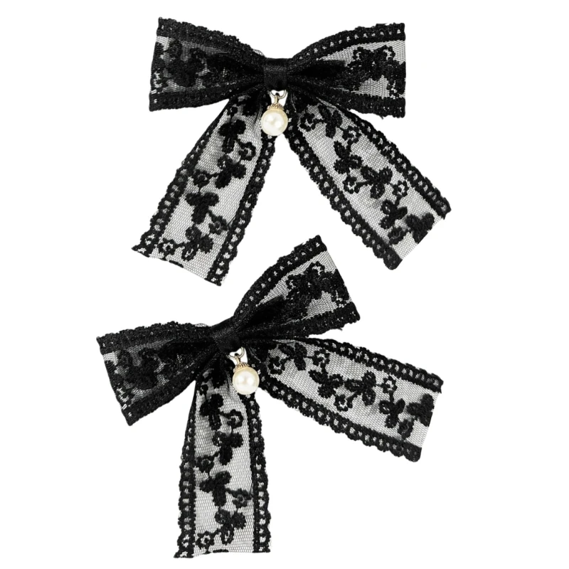 Black Hair Clip Pearls Lace Pearls Bowknot Balletcore Clip for Lady Girl