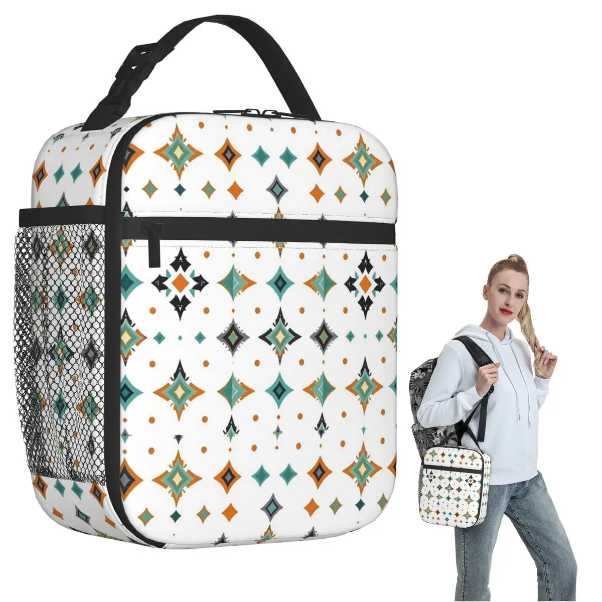 White Bohemian Ethnic Tribal Print Insulated Lunch Bag for Women Children Leakproof Food Boxes Thermal Lunch Box Tote
