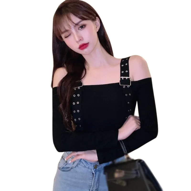 Women's One Neck Long Sleeve T-shirt Short T-shirt Double-breasted Strapless Tops