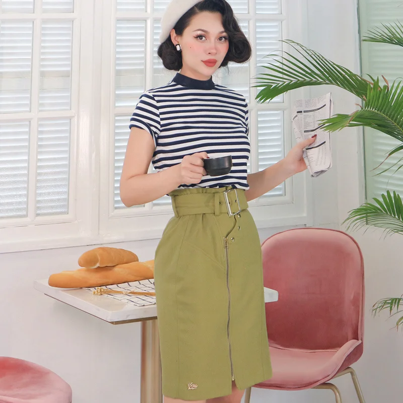 

Le Palais Vintage High Waist Pencil Skirt Olive een Street Sle mid Length Color European And American Inspired