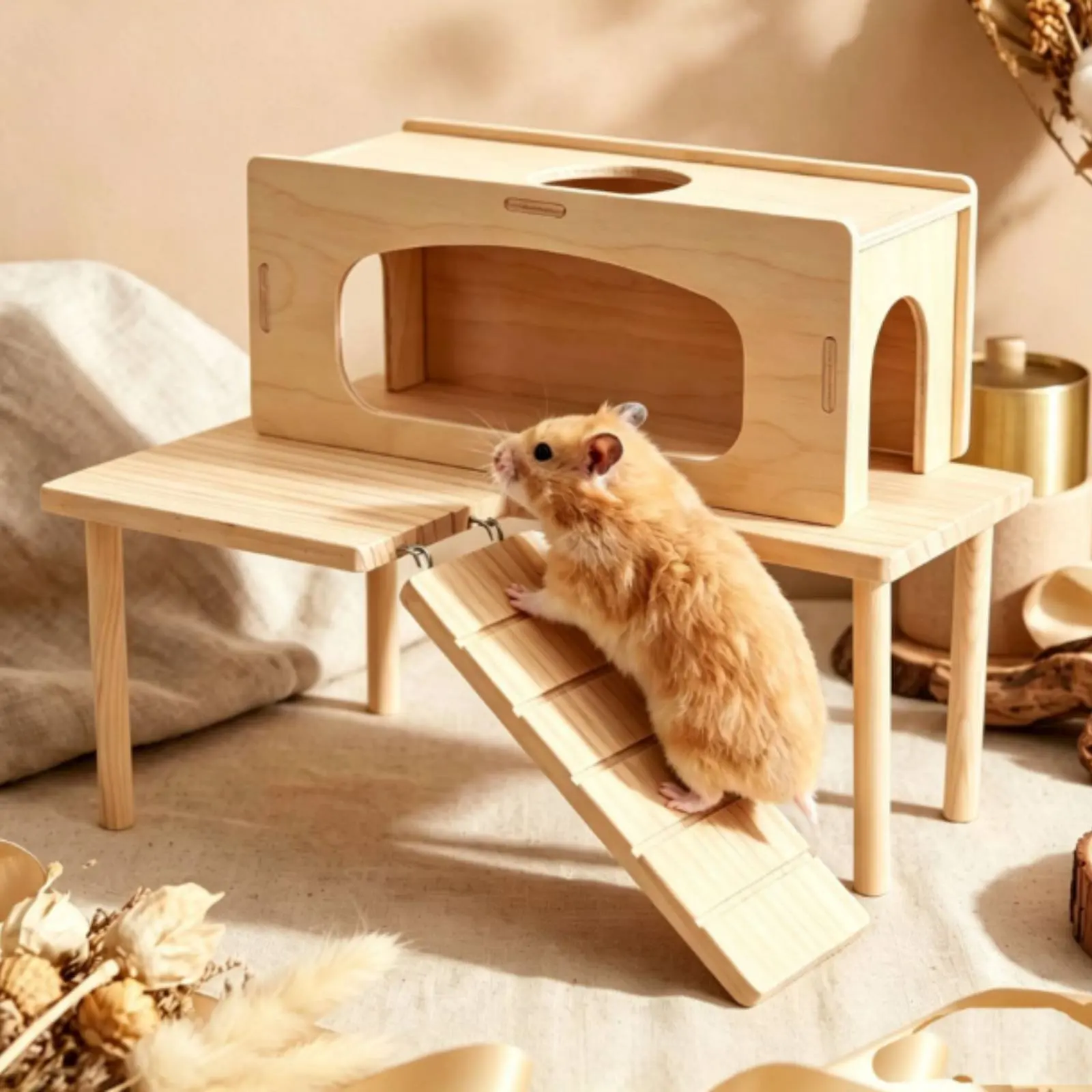 

Wooden Hamster House Natural Wood Hamster Platform House Small Creature Maze Hut Multi-Level Design Enclosure Accessory Non