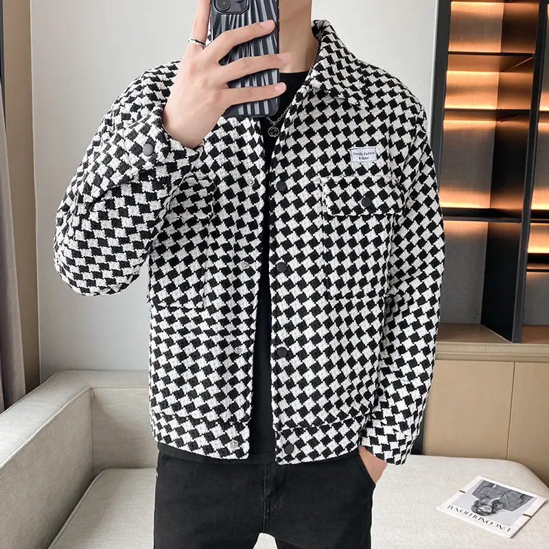 Autumn Winter New Fashion Turn-down Collar Long Sleeve Plaid Jackets Men's Clothing Korean Casual Button Pockets Trend Chic Tops