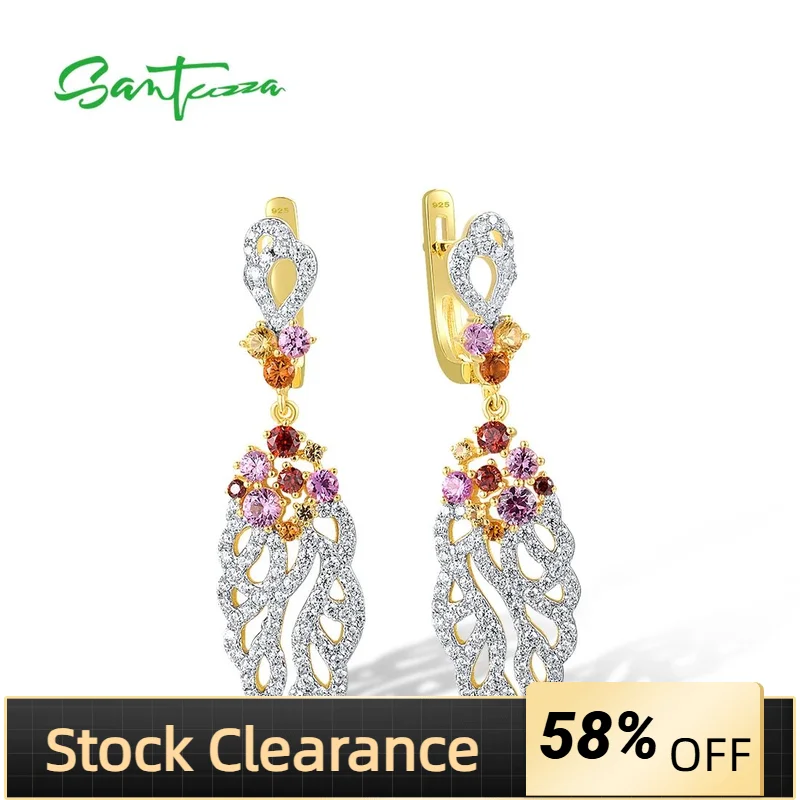 

SANTUZZA Real 925 Sterling Silver Dangling Earrings For Women Sparkling Pink Red Stone White CZ Elegant Party Gift Fine Jewelry
