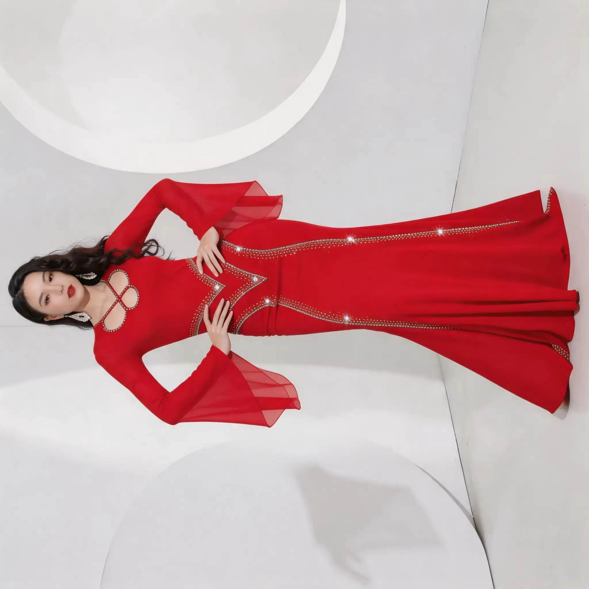 Women Spandex Belly Dance Robe Iraq Style Slim Fit Long Sleeve Stage Dance Dress