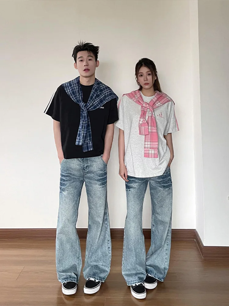

Ice Blue Men's Slim Fit Jeans with Lightning Ripple Micro Flare Casual Straight Leg Trousers for Couples Youth Fashion