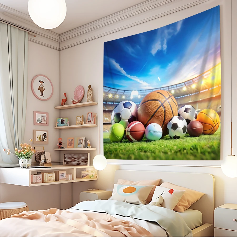 1PC Digital Printed Tapestry Wall Hanging, Stadium Sports Balls Collection Grass, Multi Sport Theme Boys Room Wall Decor
