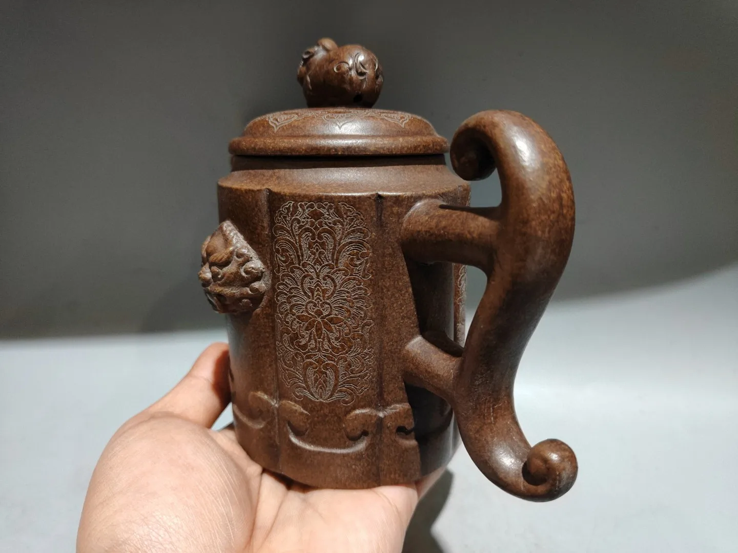 

7"Chinese Yixing Purple Clay Teapot Pixiu lid Beast Head Pattern Vintage teapot Kettle Teapot Flagon Tea Ceremony Sample Tea