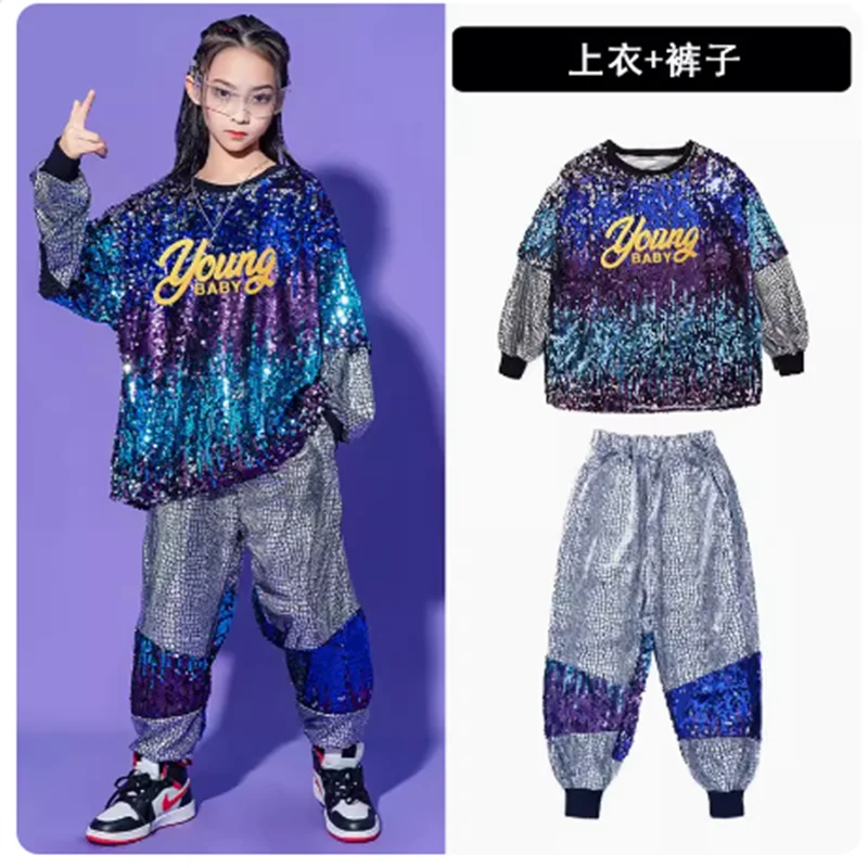 Kid Hip Hop Clothing Sequined Coat Jacket Loosed Silver Pants For Girls Boys Street Jazz Dance Costume Performan Clothes Wear